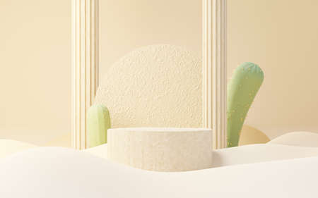 3d Mock up Brown cream podium with Cactus and Sands desert mini theme. Pedestal stage for product and cosmetic presentation. Abstract colorful scene for advertising. Sale promotion background.の写真素材