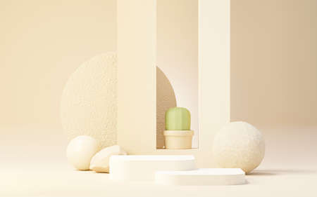3d Mock up Brown cream podium with Cactus and Sands desert mini theme. Pedestal stage for product and cosmetic presentation. Abstract colorful scene for advertising. Sale promotion background.の写真素材