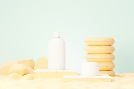 3d render of blank cosmetics skincare product or packaging for mock up. Beauty soap and spa concept. Lotion oil moisture for skin health. Premium and luxury design for branding.の写真素材