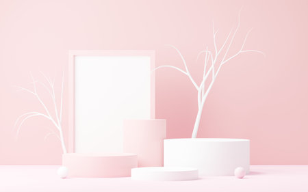 3d render abstract display podium platform for  product presentation and advertising. Minimal scene backdrop with clean design. Vacant pedestal for mock up. Empty stage with pastel color for cosmetic.の写真素材