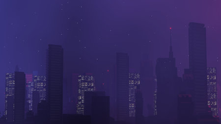 3d render of Cyber punk night city landscape concept. Light glowing on dark scene. Night life. Technology network for 5g. Beyond generation and futuristic of Sci-Fi Capital city and building scene.の写真素材