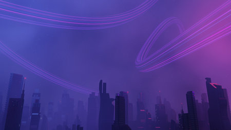 3d render of Cyber punk night city landscape concept. Light glowing on dark scene. Night life. Technology network for 5g. Beyond generation and futuristic of Sci-Fi Capital city and building scene.の写真素材