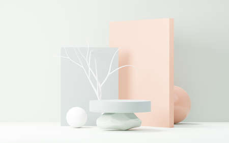 3d render abstract display podium platform for  product presentation and advertising. Minimal scene backdrop with clean design. Vacant pedestal for mock up. Empty stage with pastel color for cosmetic.の写真素材