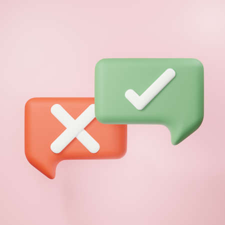 3d rendering of Green Tick and X mark sign icon on clean background for mock up and web banner. Cartoon interface design. minimal metaverse concept.の写真素材
