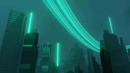 3d render of Cyber punk night city landscape concept. Light glowing on dark scene. Night life. Technology network for 5g. Beyond generation and futuristic of Sci-Fi Capital city and building scene.の写真素材