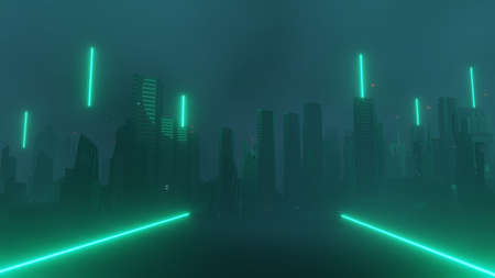 3d render of Cyber punk night city landscape concept. Light glowing on dark scene. Night life. Technology network for 5g. Beyond generation and futuristic of Sci-Fi Capital city and building scene.の写真素材