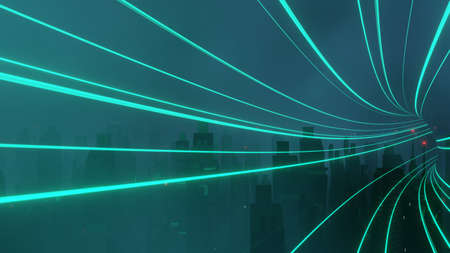 3d render of Cyber punk night city landscape concept. Light glowing on dark scene. Night life. Technology network for 5g. Beyond generation and futuristic of Sci-Fi Capital city and building scene.の写真素材