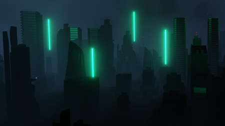 3d render of Cyber punk night city landscape concept. Light glowing on dark scene. Night life. Technology network for 5g. Beyond generation and futuristic of Sci-Fi Capital city and building scene.の写真素材
