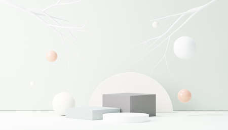 3d render abstract display podium platform for  product presentation and advertising. Minimal scene backdrop with clean design. Vacant pedestal for mock up. Empty stage with pastel color for cosmetic.の写真素材