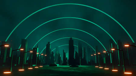 3d render of Cyber punk night city landscape concept. Light glowing on dark scene. Night life. Technology network for 5g. Beyond generation and futuristic of Sci-Fi Capital city and building scene.の写真素材