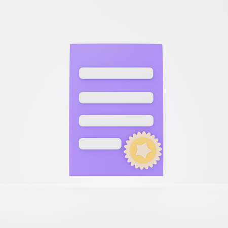 3d rendering of Certificate paper with medal icon on clean background for mock up and web banner. Cartoon interface design. minimal metaverse concept.の写真素材