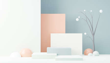 3d render abstract display podium platform for  product presentation and advertising. Minimal scene backdrop with clean design. Vacant pedestal for mock up. Empty stage with pastel color for cosmetic.の写真素材