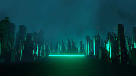 3d render of Cyber punk night city landscape concept. Light glowing on dark scene. Night life. Technology network for 5g. Beyond generation and futuristic of Sci-Fi Capital city and building scene.の写真素材