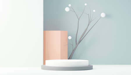 3d render abstract display podium platform for  product presentation and advertising. Minimal scene backdrop with clean design. Vacant pedestal for mock up. Empty stage with pastel color for cosmetic.の写真素材