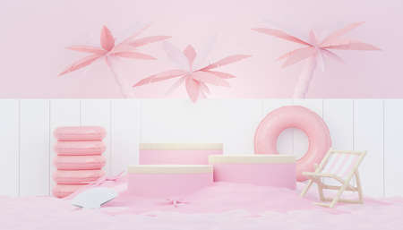 3d render minimal podium background for show and sales products. Hello Summer season scene design concept. Abstract Vacant pedestal for presentation and advertising. Beach Vacations in Summer.の写真素材