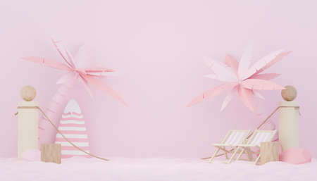 3d render minimal podium background for show and sales products. Hello Summer season scene design concept. Abstract Vacant pedestal for presentation and advertising. Beach Vacations in Summer.の写真素材