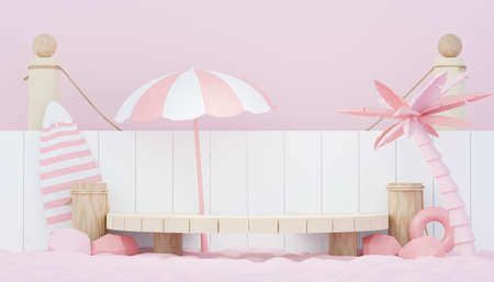 3d render minimal podium background for show and sales products. Hello Summer season scene design concept. Abstract Vacant pedestal for presentation and advertising. Beach Vacations in Summer.の写真素材