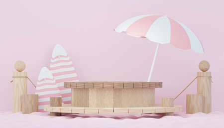 3d render minimal podium background for show and sales products. Hello Summer season scene design concept. Abstract Vacant pedestal for presentation and advertising. Beach Vacations in Summer.の写真素材