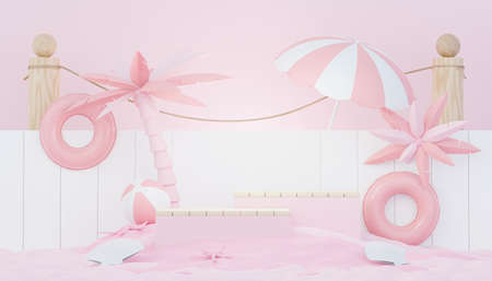 3d render minimal podium background for show and sales products. Hello Summer season scene design concept. Abstract Vacant pedestal for presentation and advertising. Beach Vacations in Summer.の写真素材