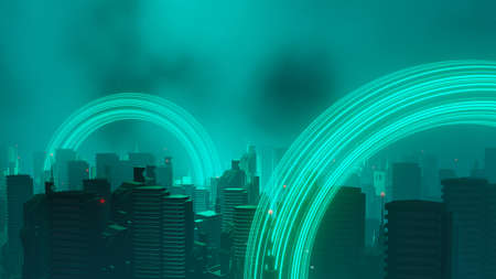 3d render of Cyber punk night city landscape concept. Light glowing on dark scene. Night life. Technology network for 5g. Beyond generation and futuristic of Sci-Fi Capital city and building scene.の写真素材