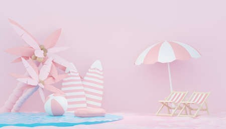 3d render minimal podium background for show and sales products. Hello Summer season scene design concept. Abstract Vacant pedestal for presentation and advertising. Beach Vacations in Summer.の写真素材