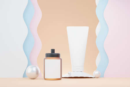 3d render of blank cosmetics skincare product or packaging for mock up. Beauty soap and spa concept. Lotion oil moisture for skin health. Premium and luxury design for branding.の写真素材