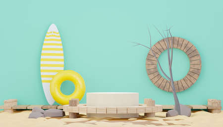 3d render minimal podium background for show and sales products. Hello Summer season scene design concept. Abstract Vacant pedestal for presentation and advertising. Beach Vacations in Summer.の写真素材