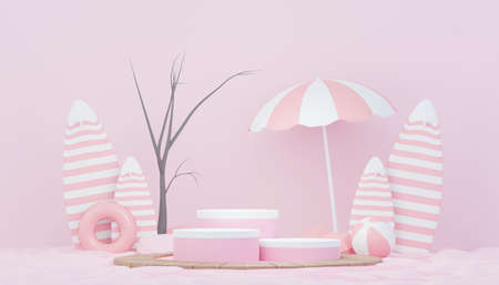 3d render minimal podium background for show and sales products. Hello Summer season scene design concept. Abstract Vacant pedestal for presentation and advertising. Beach Vacations in Summer.の写真素材