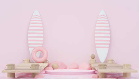 3d render minimal podium background for show and sales products. Hello Summer season scene design concept. Abstract Vacant pedestal for presentation and advertising. Beach Vacations in Summer.の写真素材