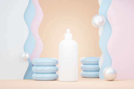 3d render of blank cosmetics skincare product or packaging for mock up. Beauty soap and spa concept. Lotion oil moisture for skin health. Premium and luxury design for branding.の写真素材