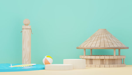 3d render minimal podium background for show and sales products. Hello Summer season scene design concept. Abstract Vacant pedestal for presentation and advertising. Beach Vacations in Summer.の写真素材