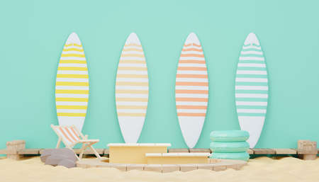 3d render minimal podium background for show and sales products. Hello Summer season scene design concept. Abstract Vacant pedestal for presentation and advertising. Beach Vacations in Summer.の写真素材