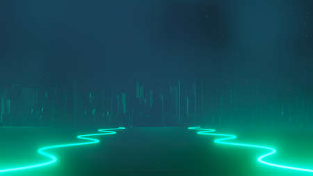 3d render of Cyber punk night city landscape concept. Light glowing on dark scene. Night life. Technology network for 5g. Beyond generation and futuristic of Sci-Fi Capital city and building scene.の写真素材