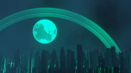 3d render of Cyber punk night city landscape concept. Light glowing on dark scene. Night life. Technology network for 5g. Beyond generation and futuristic of Sci-Fi Capital city and building scene.の写真素材