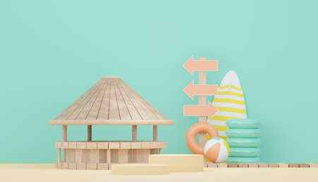 3d render minimal podium background for show and sales products. Hello Summer season scene design concept. Abstract Vacant pedestal for presentation and advertising. Beach Vacations in Summer.の写真素材