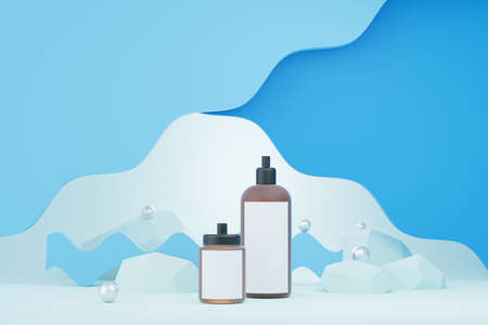 3d render of blank cosmetics skincare product or packaging for mock up. Beauty soap and spa concept. Lotion oil moisture for skin health. Premium and luxury design for branding.の写真素材