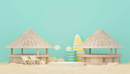 3d render minimal podium background for show and sales products. Hello Summer season scene design concept. Abstract Vacant pedestal for presentation and advertising. Beach Vacations in Summer.の写真素材