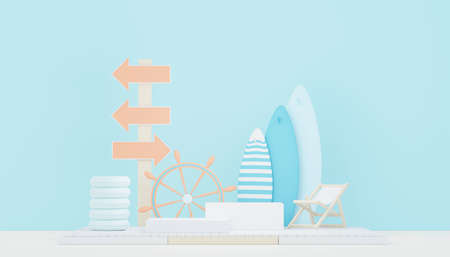 3d render minimal podium background for show and sales products. Hello Summer season scene design concept. Abstract Vacant pedestal for presentation and advertising. Beach Vacations in Summer.の写真素材