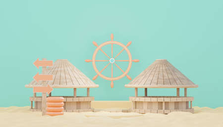 3d render minimal podium background for show and sales products. Hello Summer season scene design concept. Abstract Vacant pedestal for presentation and advertising. Beach Vacations in Summer.の写真素材
