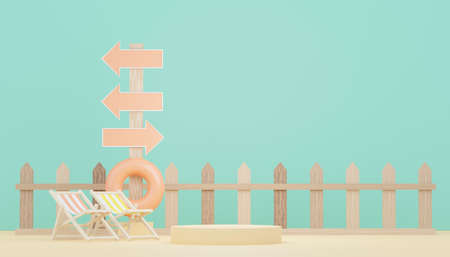3d render minimal podium background for show and sales products. Hello Summer season scene design concept. Abstract Vacant pedestal for presentation and advertising. Beach Vacations in Summer.の写真素材