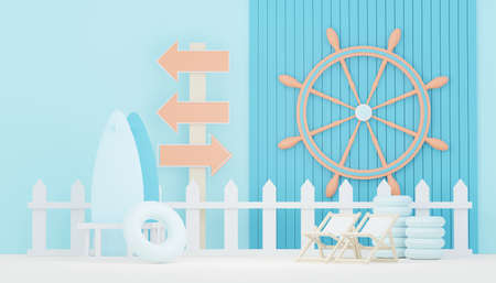 3d render minimal podium background for show and sales products. Hello Summer season scene design concept. Abstract Vacant pedestal for presentation and advertising. Beach Vacations in Summer.の写真素材