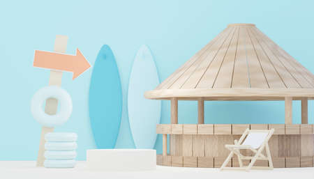 3d render minimal podium background for show and sales products. Hello Summer season scene design concept. Abstract Vacant pedestal for presentation and advertising. Beach Vacations in Summer.の写真素材