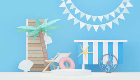 3d render minimal podium background for show and sales products. Hello Summer season scene design concept. Abstract Vacant pedestal for presentation and advertising. Beach Vacations in Summer.の写真素材