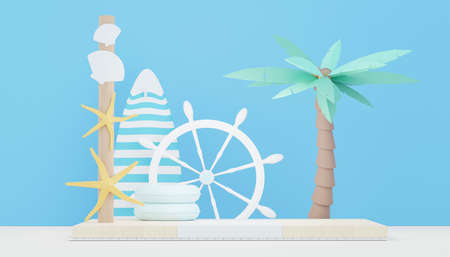 3d render minimal podium background for show and sales products. Hello Summer season scene design concept. Abstract Vacant pedestal for presentation and advertising. Beach Vacations in Summer.の写真素材