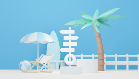 3d render minimal podium background for show and sales products. Hello Summer season scene design concept. Abstract Vacant pedestal for presentation and advertising. Beach Vacations in Summer.の写真素材