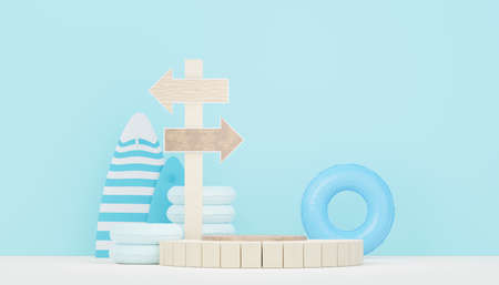 3d render minimal podium background for show and sales products. Hello Summer season scene design concept. Abstract Vacant pedestal for presentation and advertising. Beach Vacations in Summer.の写真素材