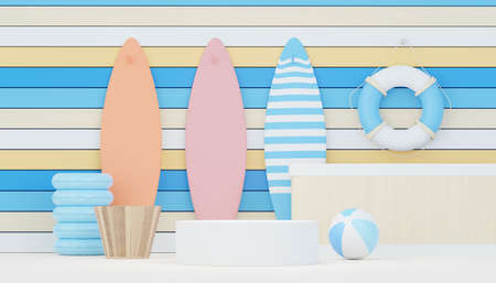 3d render minimal podium background for show and sales products. Hello Summer season scene design concept. Abstract Vacant pedestal for presentation and advertising. Beach Vacations in Summer.の写真素材