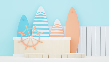 3d render minimal podium background for show and sales products. Hello Summer season scene design concept. Abstract Vacant pedestal for presentation and advertising. Beach Vacations in Summer.の写真素材