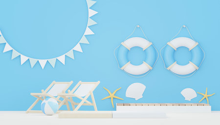 3d render Summer sale podium stand for showing product. Beach Vacations Scene in Summer for mock up.の写真素材