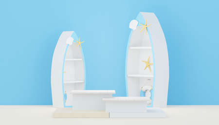 3d render Summer sale podium stand for showing product. Beach Vacations Scene in Summer for mock up.の写真素材